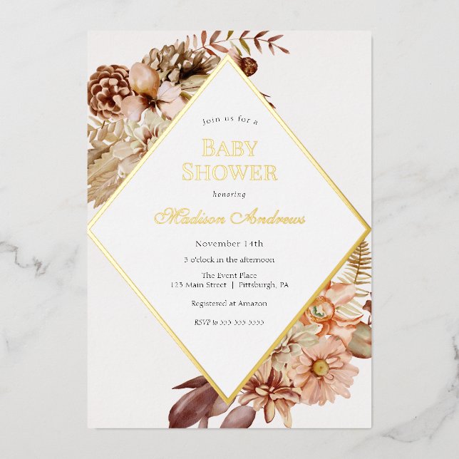 Elegant Autumn Baby Shower Foil Invitation (Front)