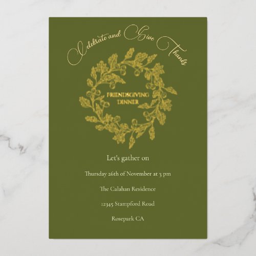 Elegant Autumn Berries Wreath Green Friendsgiving Foil Holiday Card