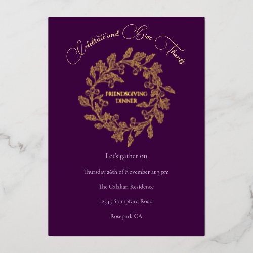 Elegant Autumn Berry Wreath Purple Friendsgiving Foil Holiday Card