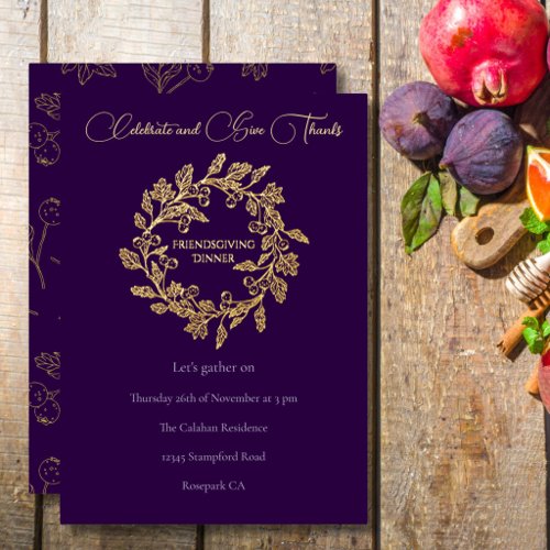 Elegant Autumn Berry Wreath Purple Friendsgiving Foil Holiday Card