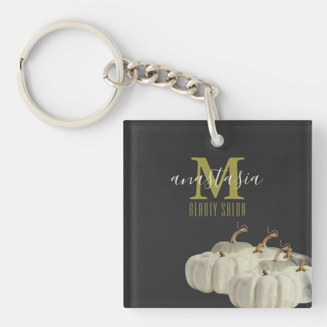 Elegant Autumn Black White Pumpkins Beauty Salon Keychain (Front)