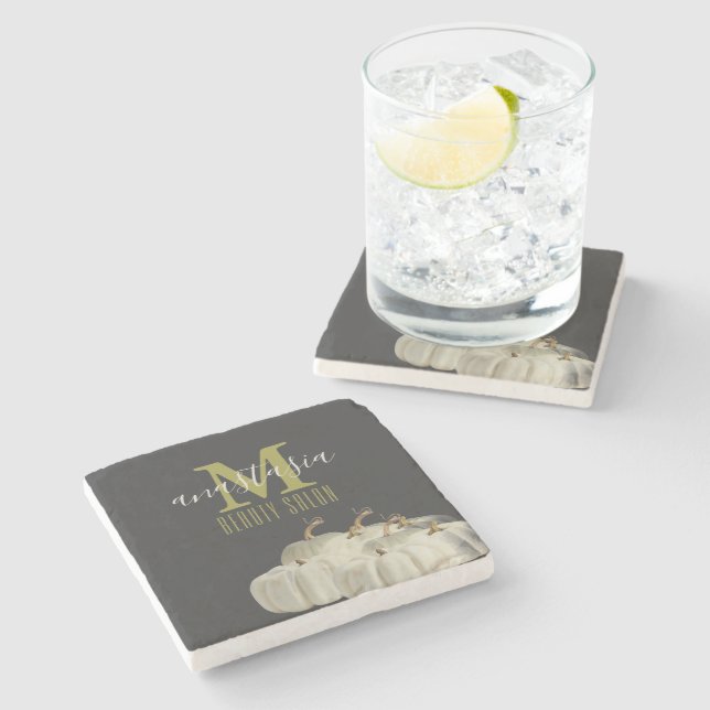 Elegant Autumn Black White Pumpkins Beauty salon Stone Coaster (Side)