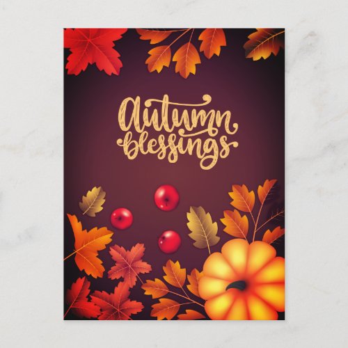 Elegant Autumn Blessings Pumpkin and Leaves Fall Holiday Postcard