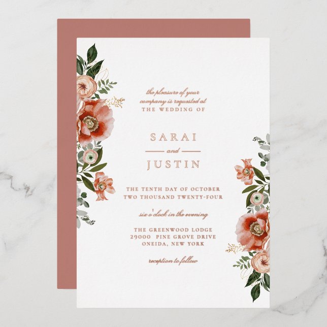 Elegant Autumn Botanical Floral Wedding Foil Invitation (Front/Back)