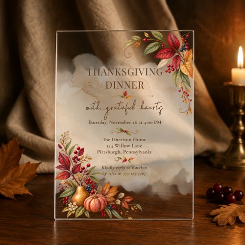 Elegant Autumn Botanical Thanksgiving Dinner Acrylic Invitations
