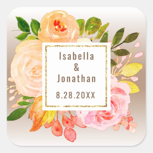 Elegant Autumn Brown Floral Bloom Gradient Wedding Square Sticker