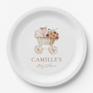 Elegant Autumn Burgundy Floral Baby Shower Paper Plates