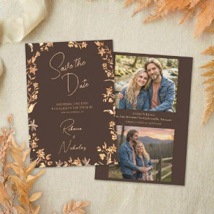 Elegant Autumn Copper Wildflowers Script 2 Photo Save The Date