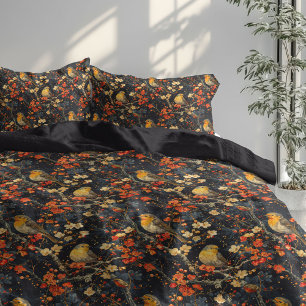 Elegant Autumn Duvet Yellow Birds Blossoms Cover