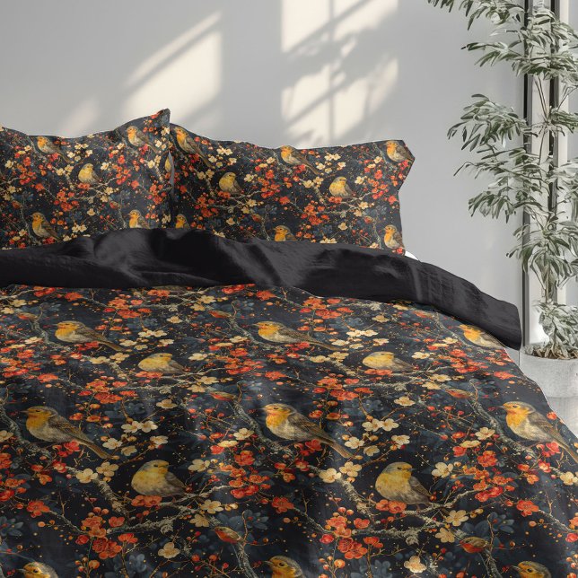 Elegant Autumn Duvet Yellow Birds Blossoms Cover (Elegant Autumn Duvet with Birds and Wildflowers)