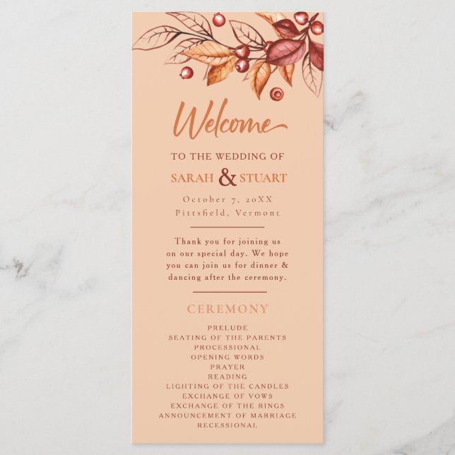 Elegant Autumn Earth tone Terracotta Wedding Program (Front)