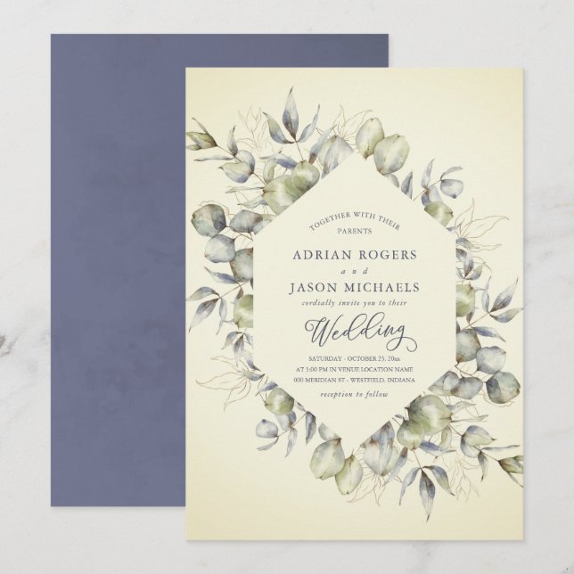 Elegant Autumn Eucalyptus With Blue Wash Frame Invitation (Front/Back)