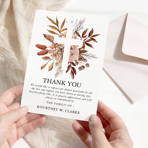 Elegant Autumn Fall Bloom Holy Cross Funeral Thank You Card
