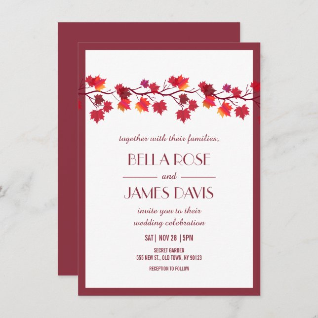 Elegant Autumn Fall Burgundy Wedding Invitation (Front/Back)