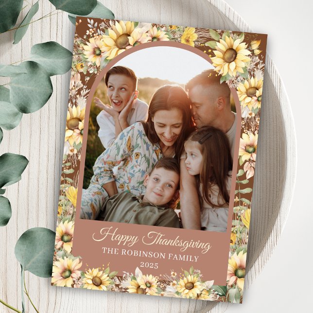 Elegant Autumn Fall Happy Thanksgiving Photo  Holiday Card (elegant sunflowers autumn fall happy thanksgiving cards with arch family photo for personalized note)