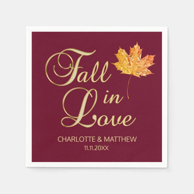 Elegant Autumn Fall in Love Burgundy Wedding Napkins (Front)
