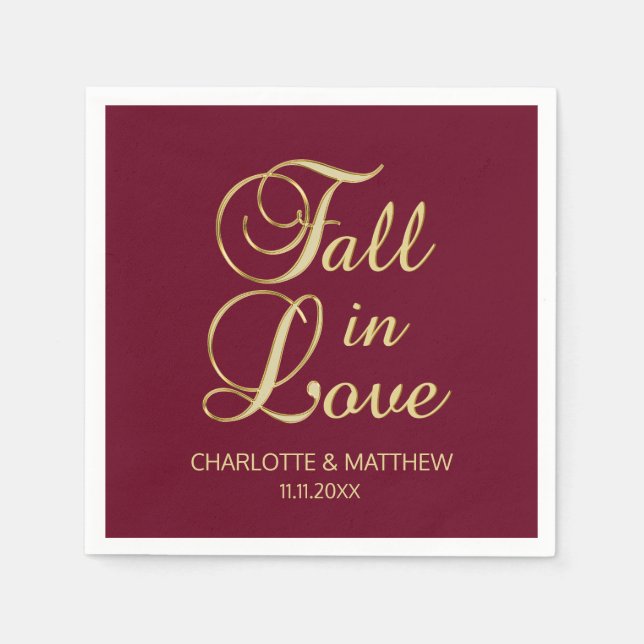 Elegant Autumn Fall in Love Burgundy Wedding Napkins (Front)