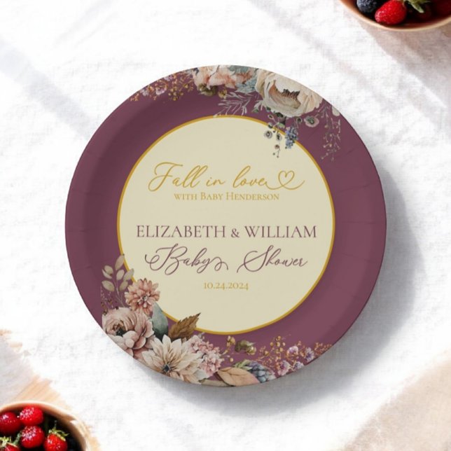 Elegant Autumn Fall In Love Floral Burgundy Paper Plates (Creator Uploaded)