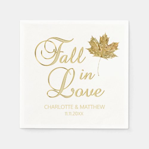 Elegant Autumn Fall in Love White Gold Wedding Paper Napkins