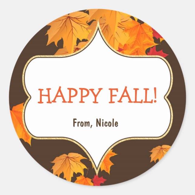 Elegant Autumn Fall Leaves Brown Favor Classic Round Sticker (Front)