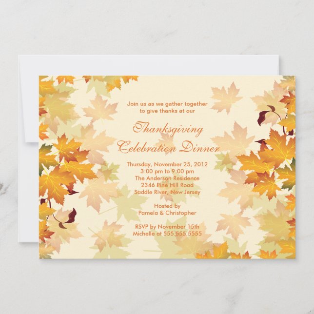 Elegant Autumn Fall Leaves Thanksgiving Invitation (Front)