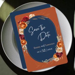 Elegant autumn fall orange navy floral wedding save the date