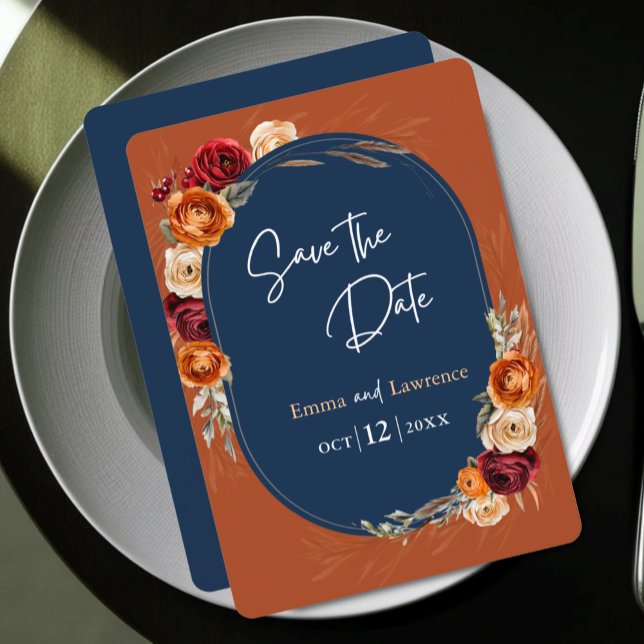Elegant autumn fall orange navy floral wedding save the date (Creator Uploaded)