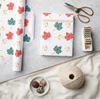 Elegant Autumn Fall Red Green Gold Leaves Pattern