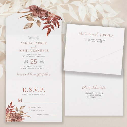 Elegant autumn fall watercolor floral wedding  all in one invitation