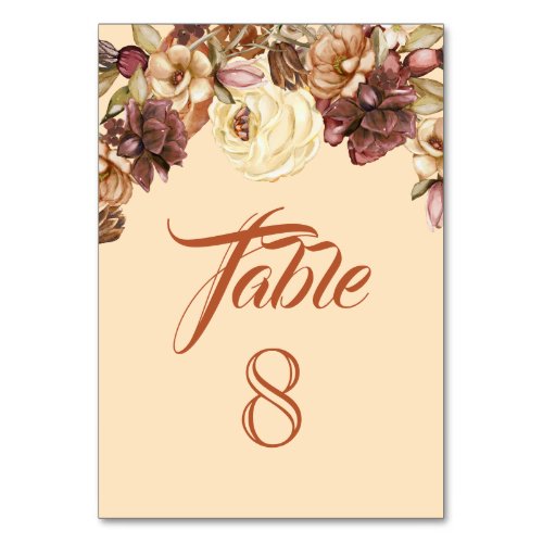 Elegant Autumn Fall Watercolor Floral Wedding  Table Number