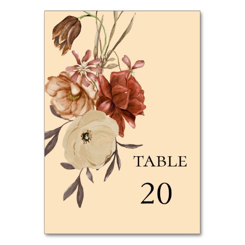 Elegant Autumn Fall Watercolor Floral Wedding Table Number