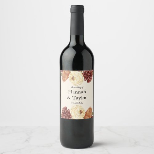 Elegant Autumn Fall Watercolor Floral Wedding Wine Label