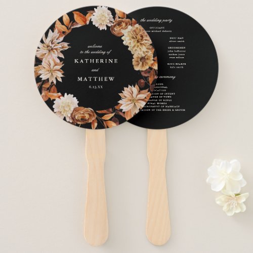 Elegant Autumn Floral Black Wedding Program Hand Fan