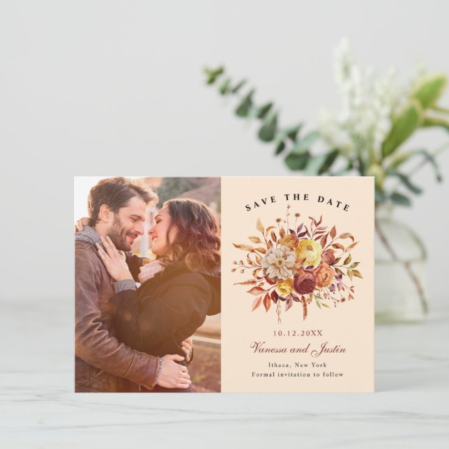 Elegant Autumn Floral Bouquet Save the Date (Standing Front)