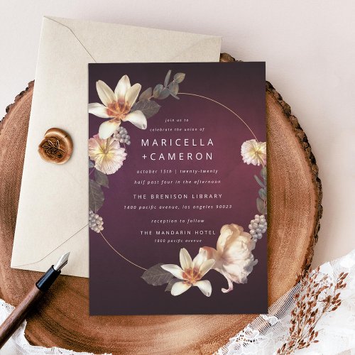 Elegant Autumn Floral Cream Plum Wreath Wedding Invitation