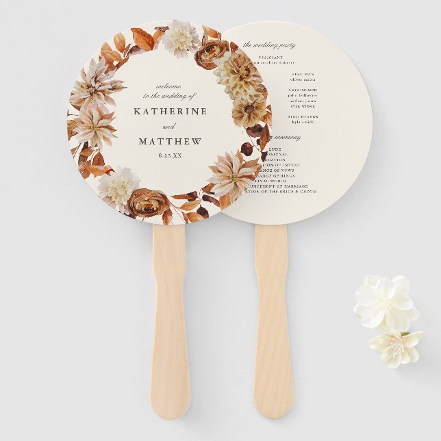 Elegant Autumn Floral Earth Tones Wedding Program Hand Fan (Front and Back)