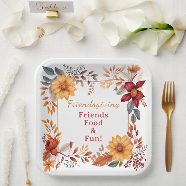 Elegant Autumn Floral Frame Friendsgiving Dinner  Paper Plates (Wedding)