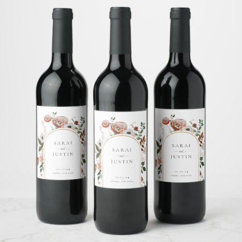 Elegant Autumn Floral Frame Wedding Wine Label