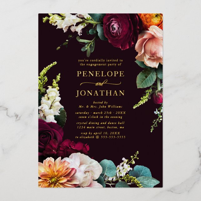 Elegant Autumn Floral Gold Engagement Party Foil Invitation (Front)