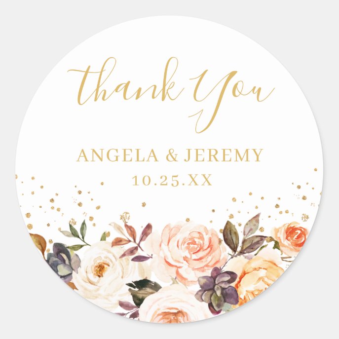 Elegant Autumn Floral Gold Glitters Thank You Classic Round Sticker