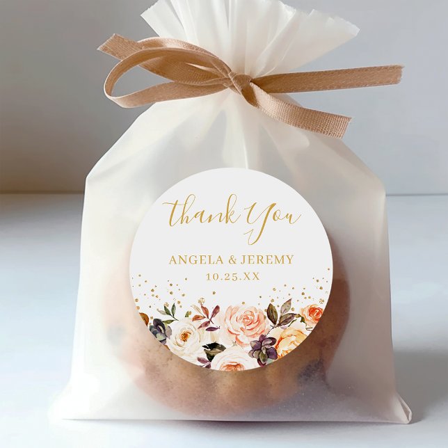 Elegant Autumn Floral Gold Thank You Favor  Classic Round Sticker (Seal envelopes, embellish favor bags, or accent your event decor with these versatile stickers.)