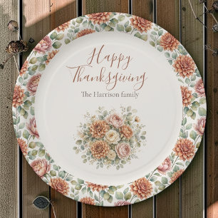 Elegant Autumn Floral Happy Thanksgiving Paper Plates