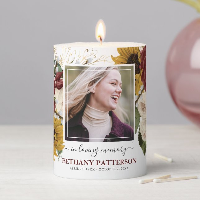 Elegant Autumn Floral 'In Loving Memory' Photo  Pillar Candle (In Situ)