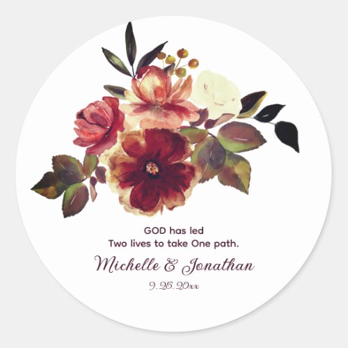 Elegant Autumn Floral Inspirational Quote Wedding Classic Round Sticker