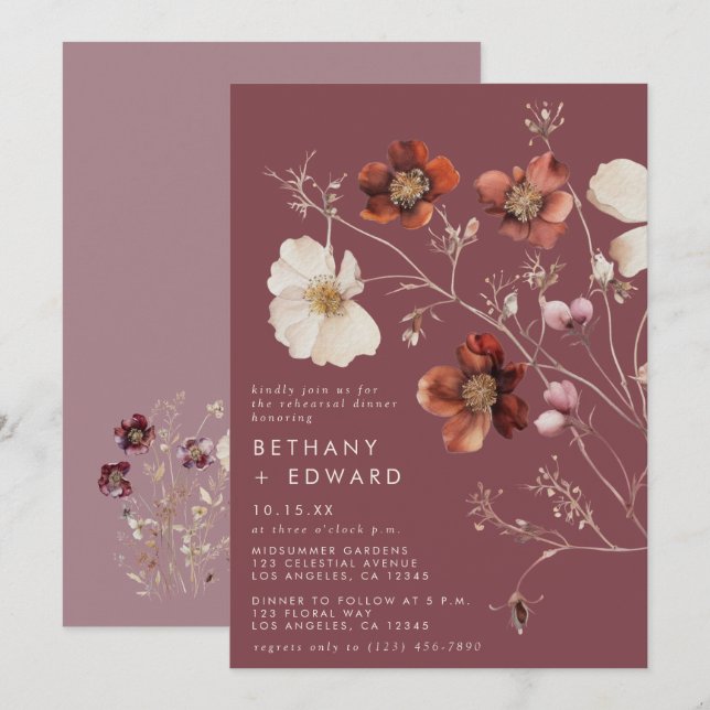 Elegant Autumn Floral Mauve Rehearsal Dinner Invitation (Front/Back)