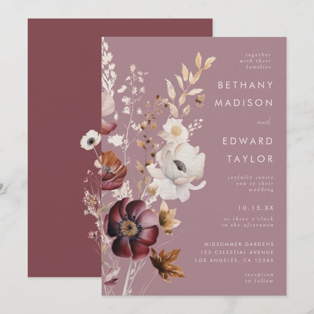 Elegant Autumn Floral Mauve Wedding Invitation (Front/Back)