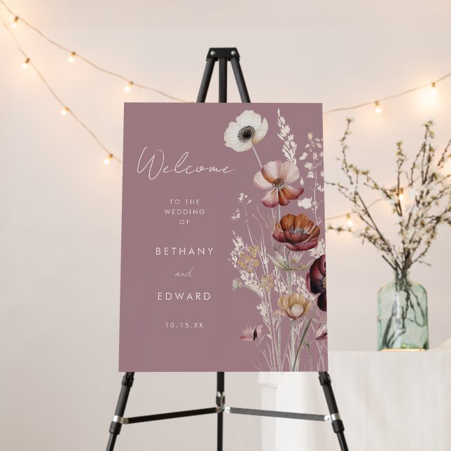 Elegant Autumn Floral Mauve Wedding Welcome Sign (In Situ (Stand))