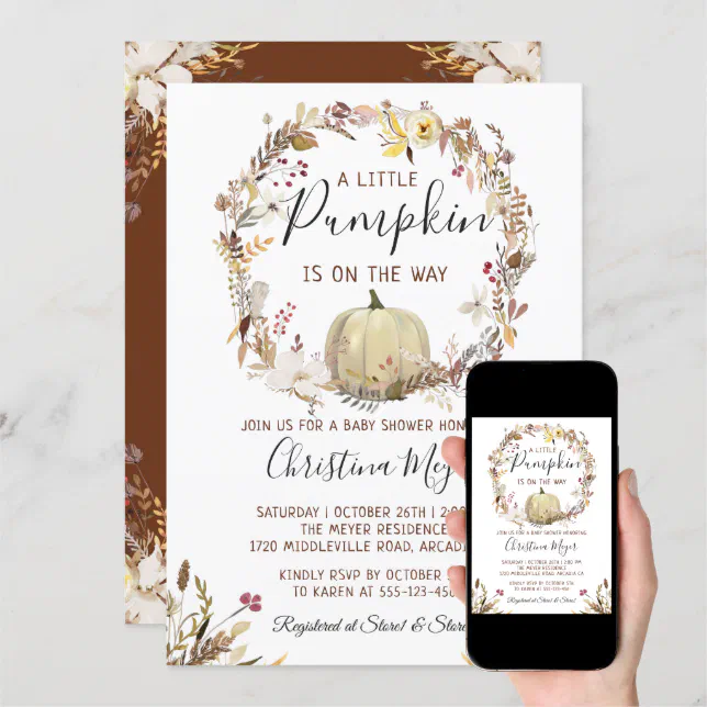 Elegant Autumn Floral Pumpkin Fall Baby Shower Invitation | Zazzle