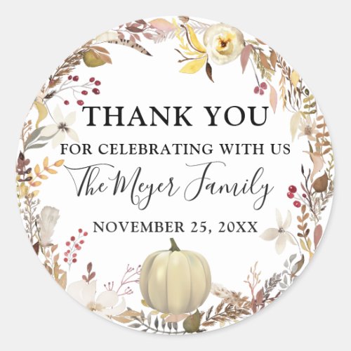 Elegant Autumn Floral Pumpkin Fall Thank You Classic Round Sticker