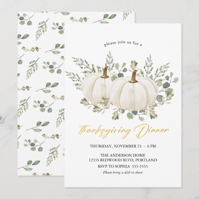 Elegant Autumn Floral Pumpkin Thanksgiving Dinner Invitation (Front/Back)